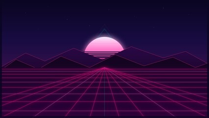 Neon Sunset Cyberpunk Grid Retro Abstract Background © Runtlank