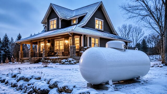 Snowy evening scene of a lit two-story house with a large white propane tank in the foreground, porch lights glowing and snow-covered roof and yard