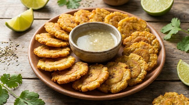Crispy fried plantain tostones served with a bowl of green dipping sauce on a rustic wooden table top. Cuban Cuisine