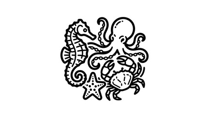 Obraz premium Marine Life Illustration Collection Seahorse Octopus Crab Starfish.