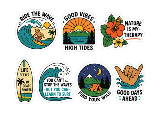 surfing themed stickers set with summer quotes and beach illustrations