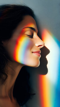 Woman with rainbow light prism on face