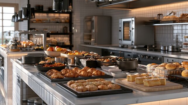 Gourmet buffet spread with fresh pastries and fruits in a modern kitchen setting