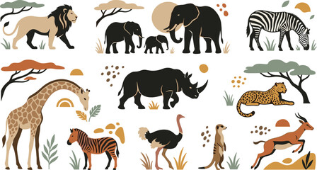 Obraz premium African Safari Animal Vector Set with Lion, Elephant, Zebra, Giraffe, and Rhinoceros in Mid-Century Modern Boho Style