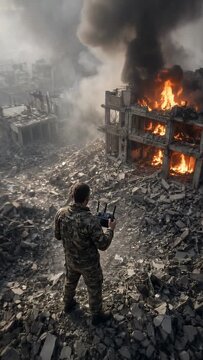 Soldier Standing Amidst Urban Destruction and Flames in Dimly Lit War-Torn Landscape