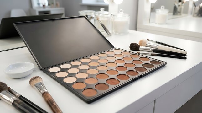 Large makeup eyeshadow palette with professional cosmetic brushes on a bright vanity table for beauty routine. skintone palette