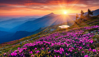 Obraz premium Majestic Mountain Sunrise: A breathtaking panoramic view of majestic mountains at sunrise, with the sun's golden rays bursting through the clouds.
