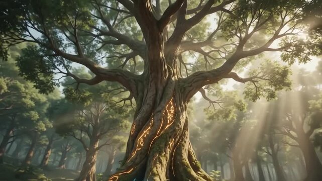 Cinematic camera movement around a majestic ancient tree with glowing roots extending deep into the earth while light beams descend from above