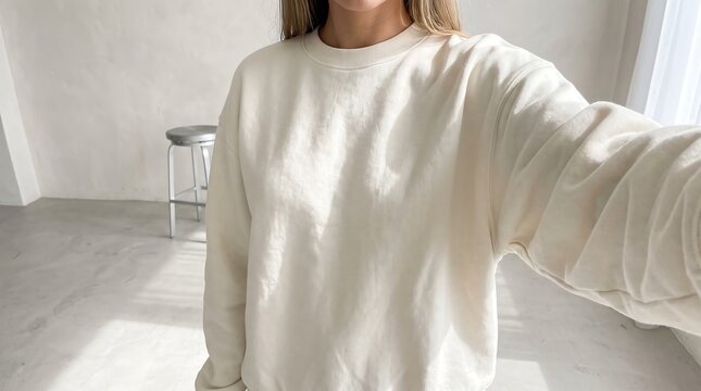Plain off-white crewneck sweater template with copy space, modern bright UGC apparel mockup