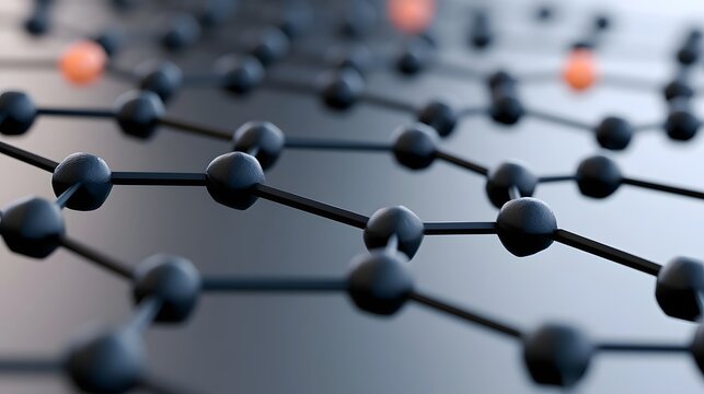 Abstract molecular structure with dark spheres and glowing orange nodes arranged in a geometric lattice pattern on a soft gradient background