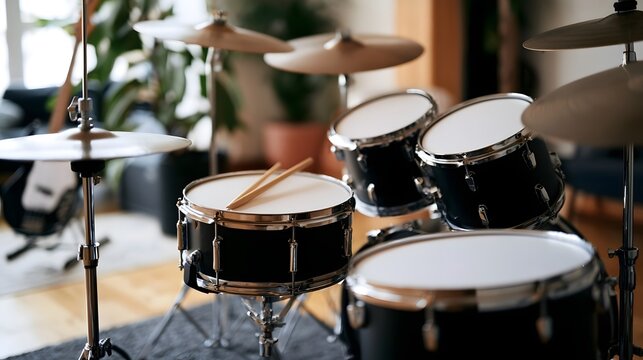 A black drum kit with cymbals and drumsticks arranged in a cozy indoor space with soft natural lighting and green plants in the background