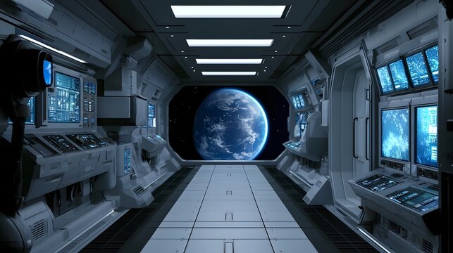 A futuristic spacecraft interior with advanced control panels and a large viewport showing Earth in space