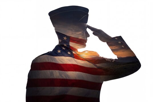 Soldier silhouette saluting with american flag double exposure