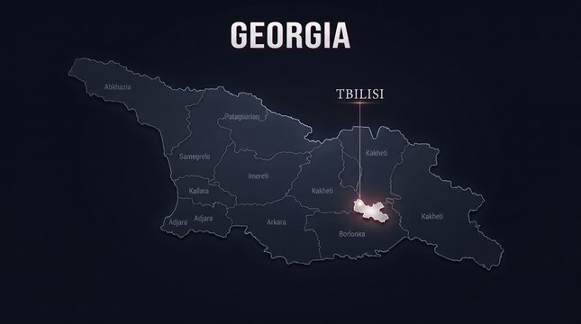 Digital Futuristic Map of Georgia Highlighting Capital City Tbilisi on Dark Background