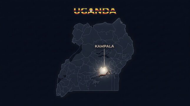 Digital Futuristic Map of Uganda Highlighting Capital City Kampala on Dark Background