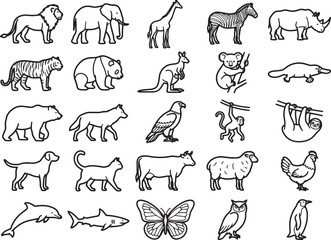 Fototapeta premium A collection of hand-drawn animal illustrations, featuring a lion, elephant, giraffe, zebra, rhino, tiger, panda, kangaroo, koala, platypus, bear, wolf, eagle, monkey, sloth, dog, cat, cow, sheep.