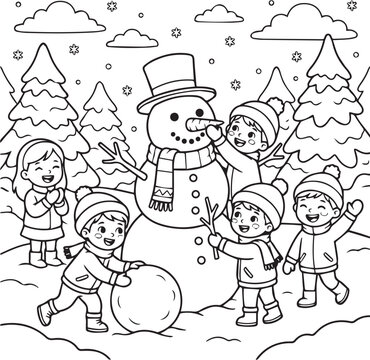 Cute children building a snowman on a snowy winter day coloring page vector