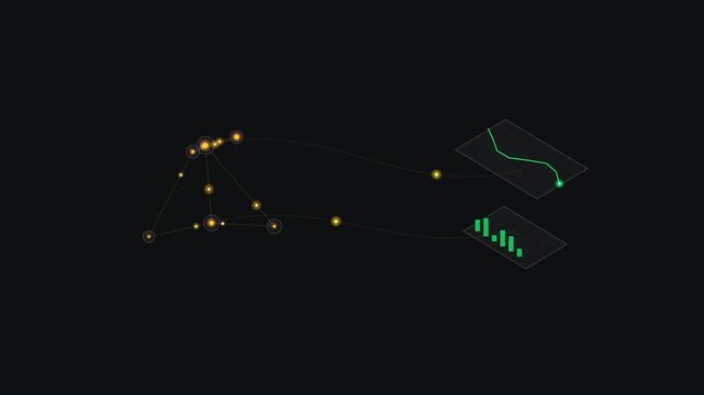 Isometric data visualization concept with nodes, connections, and analytical charts on a dark background