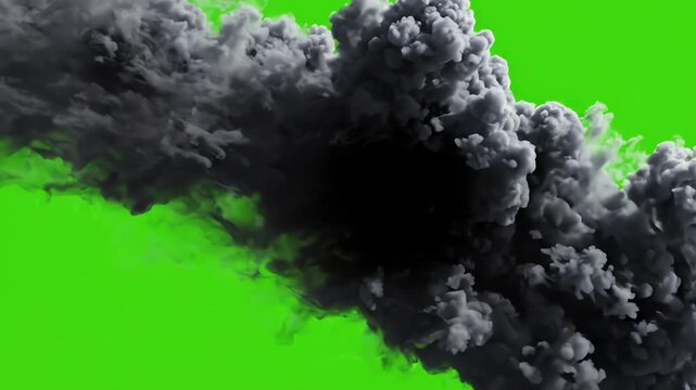 Dramatic dark storm clouds rolling and swirling across a bright green screen background for video compositing and weather motion graphics