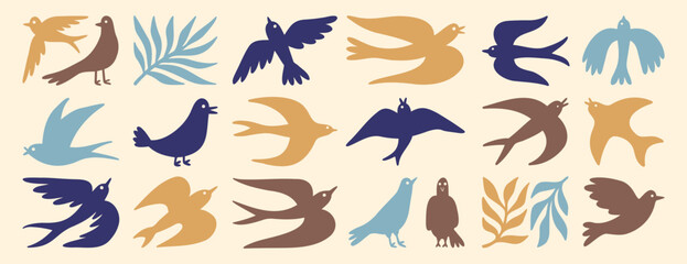 Fototapeta premium spring birds modern art simple silhouette set. boho flying birds clipart cartoon art. 