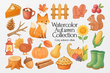 Plakat Watercolor autumn collection with fox, pumpkins, and cozy icons