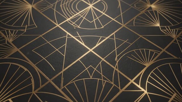 Elegant art deco background with shimmering gold geometric lines moving slowly across a luxury matte black textured surface