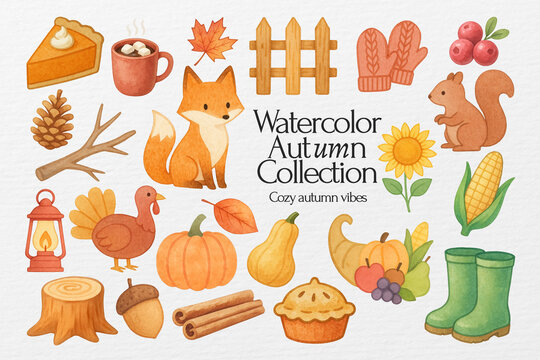 Watercolor autumn collection with fox, pumpkins, and cozy icons