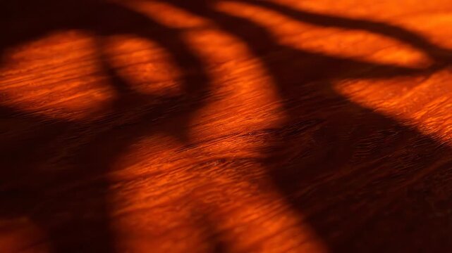 Elegant movement of light and dark shadows over deep orange wood grain texture showcasing organic lines and abstract silhouette patterns