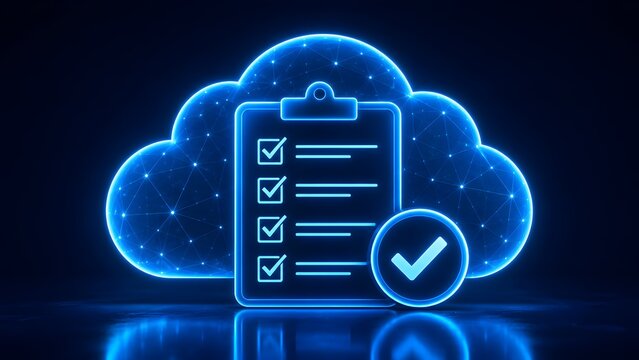 Glowing blue digital cloud computing checklist concept for online data compliance and verification