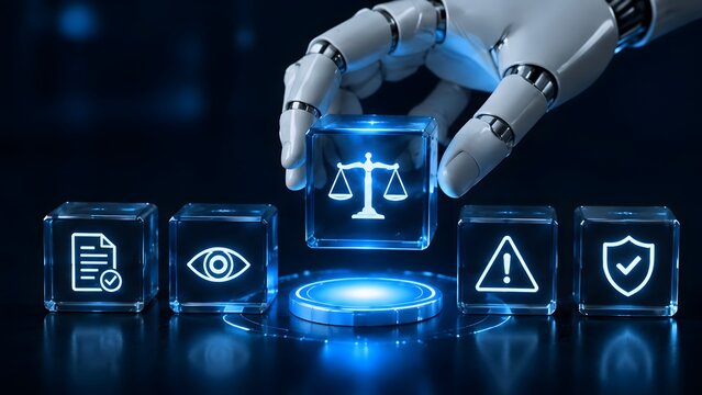 Robotic artificial intelligence hand holding digital justice scale cube for AI ethics and law regulation concept