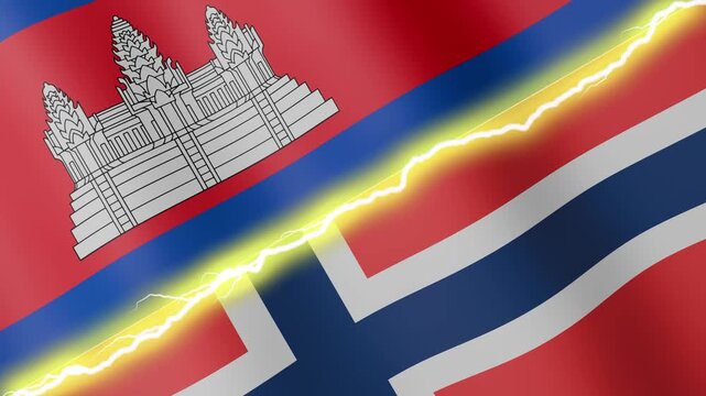 Two waving flags Cambodia and Norway with diagonal lightning seamless, 4k loop