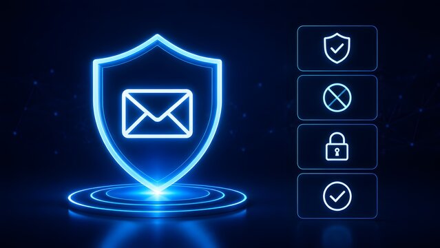 Glowing blue digital shield with envelope icon and security verification list for email protection concept
