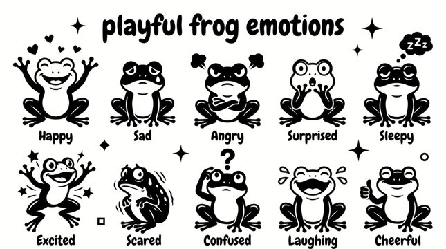 playful frog emotions featuring happy sad angry surprised sleepy excited scared confused laughing and cheerful expressions for children emotions education stickers messaging social media animal vector