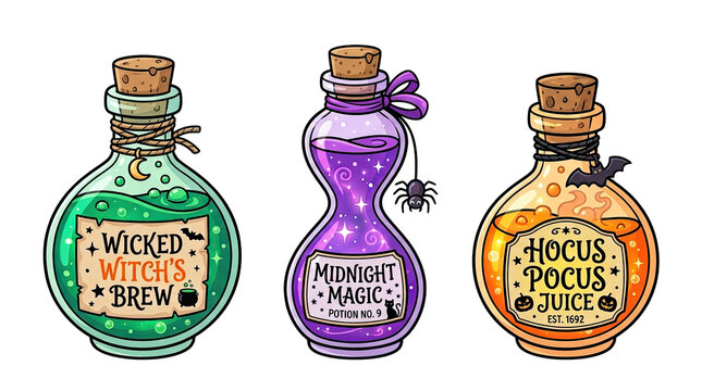 A charming collection of three vintage potion bottles each with a unique label isolated on transparent background