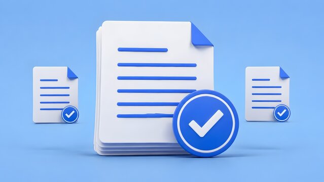 Stack of digital 3D document files with blue checkmark icons for business approval and compliance
