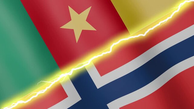 Two waving flags Cameroon and Norway with diagonal lightning seamless, 4k loop