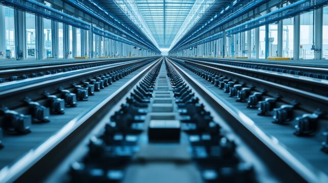 Railway tracks extend into an industrial space under a large glass roof with bright lighting