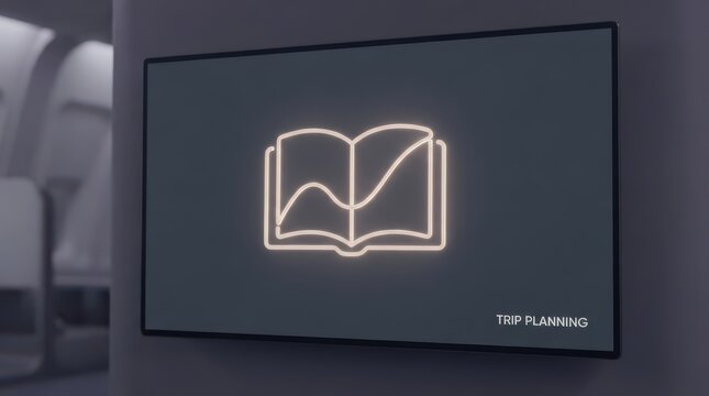 Wall display with glowing open book travel graphic