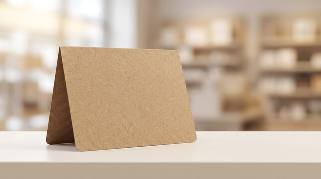 Blank kraft place card tent card on table in blurred retail store setting
