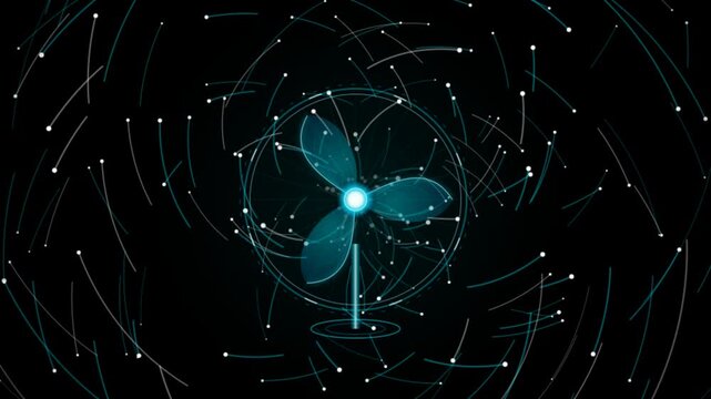 Blue hologram fan with spinning particles and glowing light paths on a dark futuristic background