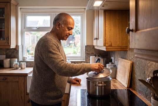 Man covering a cooking pot in a warm home kitchen