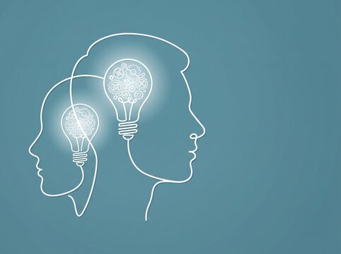 Outline of two human heads with light bulbs containing mechanical gears symbolizing innovation and creative teamwork
