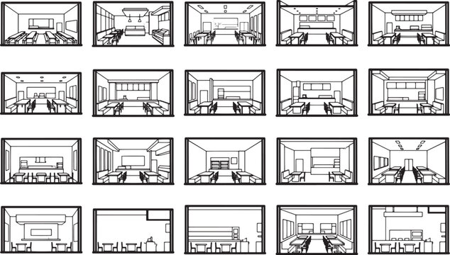 A collection of architectural blueprints showcases various interior office space designs, illustrating different layouts and furniture arrangements in a clean, graphic style.