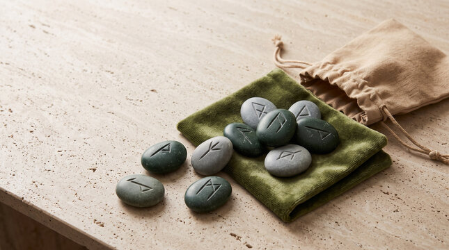 Rune stone set on green cloth with drawstring pouch in natural light