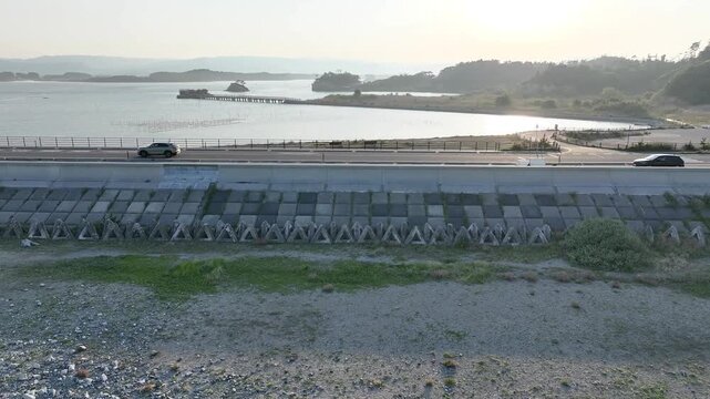 59-Second Aerial View of Shoreline in the Morning at Ozu Coast, Fukushima, Japan - Spring