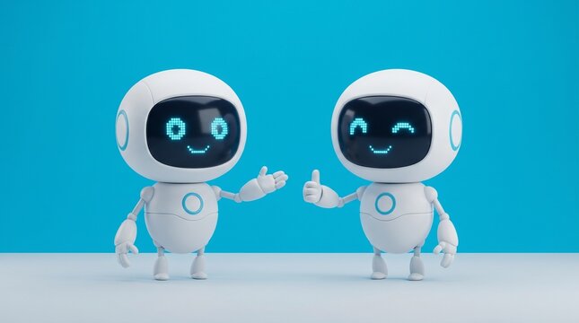 Two cute white friendly robots standing side by side with one gesturing and the other showing a thumb up against blue backdrop