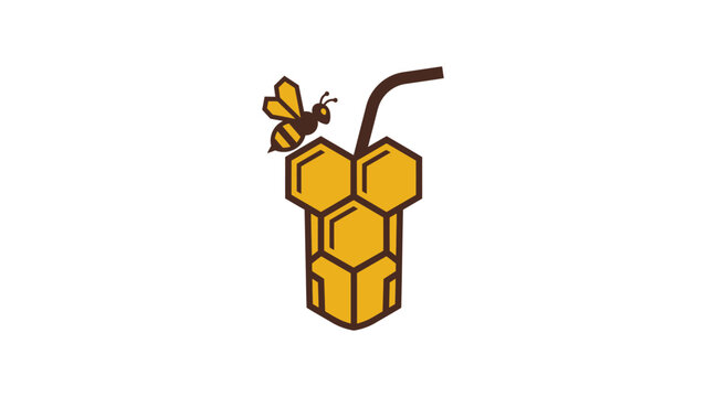Honey Drink Logo design with honeycomb glass and bee illustration for organic beverage, juice bar, smoothie brand, and sweet product identity.
