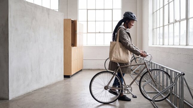 Woman parking her bicycle in a bright indoor storage room