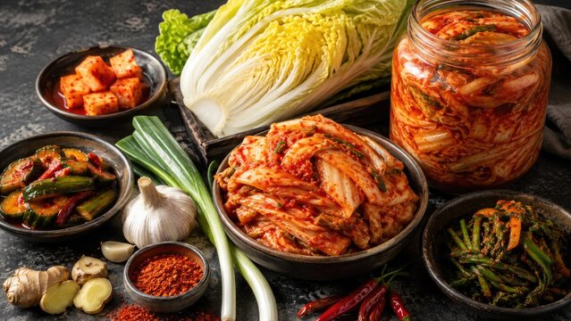 Assorted Korean kimchi varieties with napa cabbage, jarred kimchi, bowls of kkakdugi and cucumber kimchi, garlic, ginger, scallions and chili flakes