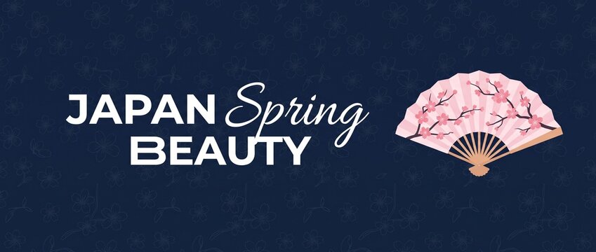 Japanese fan cherry blossom spring background vector banner with traditional sakura fan and dark blue floral pattern for Asia travel cultural promotional design, aesthetic spring festival template.